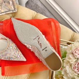 Rene Caovilla Crystal Lace Sheepskin High Heels Pink For Women 