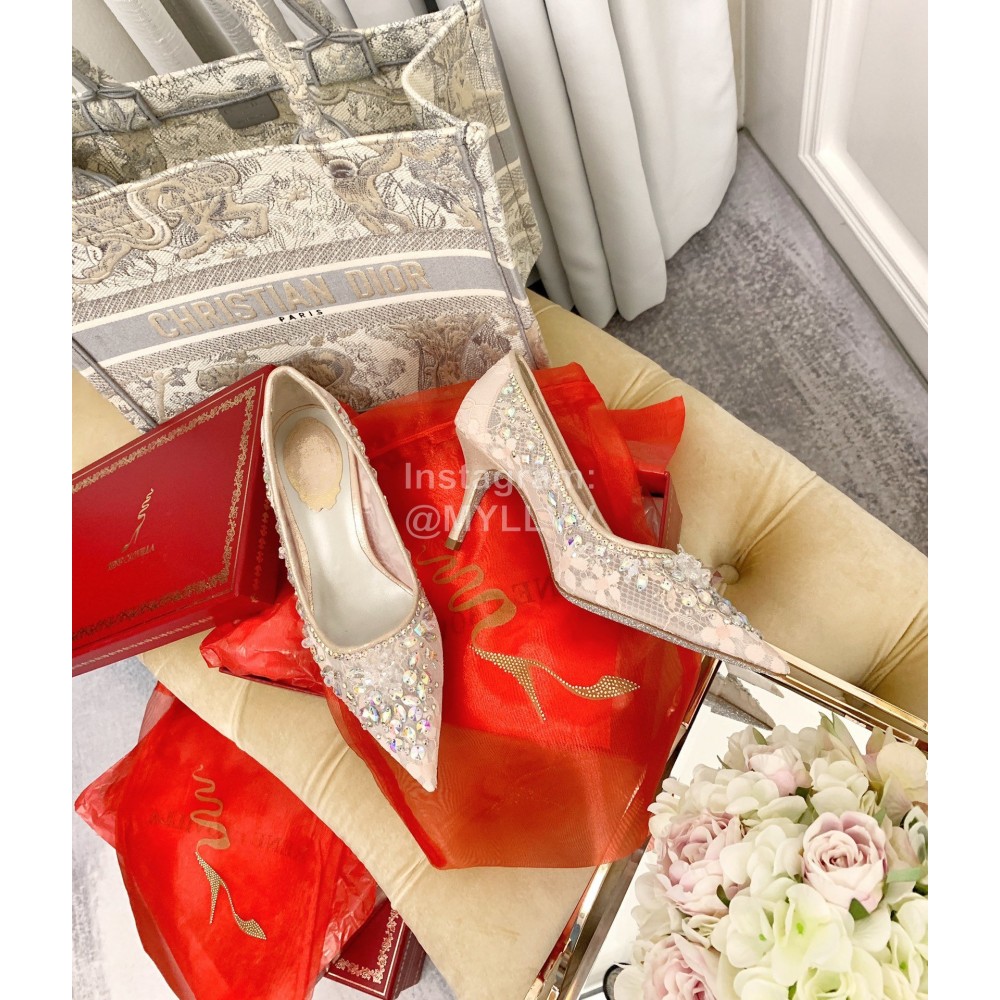 Rene Caovilla Crystal Lace Sheepskin High Heels For Women Pink