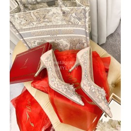 Rene Caovilla Crystal Lace Sheepskin High Heels For Women Pink