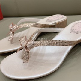 Rene Caovilla New Thick High Heel Clip Toe Rhinestone Slippers For Women Pink