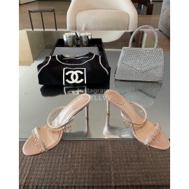 Rene Caovilla Spring Summer New Crystal Pendant High Heeled Slippers For Women Pink