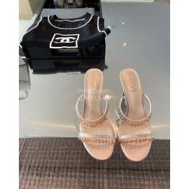 Rene Caovilla Spring Summer New Crystal Pendant High Heeled Slippers For Women Pink