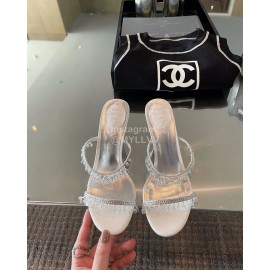 Rene Caovilla Spring Summer New Crystal Pendant High Heeled Slippers For Women White