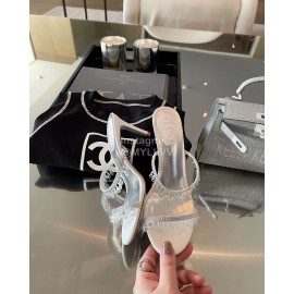 Rene Caovilla Spring Summer New Crystal Pendant High Heeled Slippers For Women White