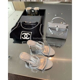 Rene Caovilla Spring Summer New Crystal Pendant High Heeled Slippers For Women White