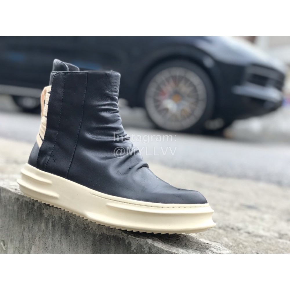 Rick Owens New Black Leather High Top Shoes For Men And Women 