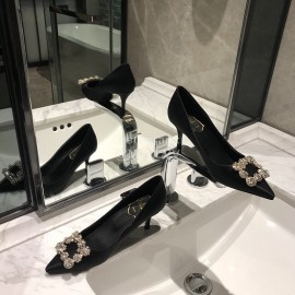 Roger Vivier Fine Rhinestone Black Sheepskin Flat Heels For Women