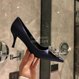Roger Vivier Fine Rhinestone Sheepskin Flat Heels For Women Dark Blue