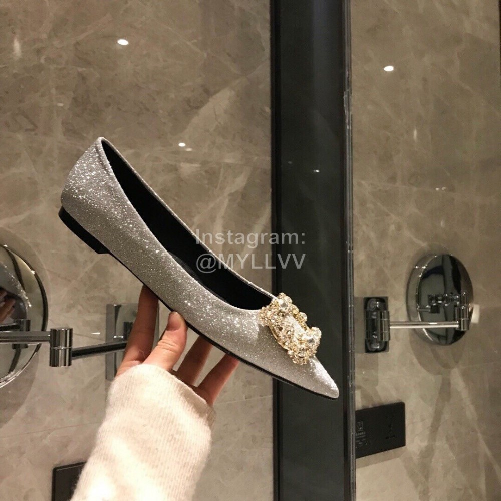 Roger Vivier Fine Rhinestone Sheepskin Flat Heels For Women Silver