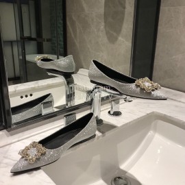 Roger Vivier Fine Rhinestone Sheepskin Flat Heels For Women Silver