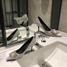 Roger Vivier Fine Rhinestone Sheepskin Flat Heels For Women Silver