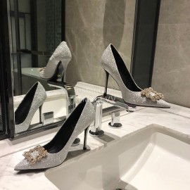 Roger Vivier Fine Rhinestone Sheepskin Flat Heels For Women Silver