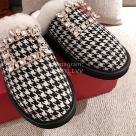 Roger Vivier Winter Soft Plaid Plush Slippers For Women
