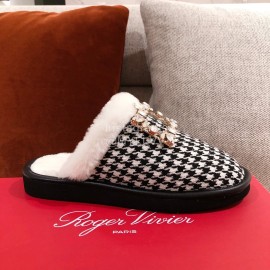 Roger Vivier Winter Soft Plaid Plush Slippers For Women