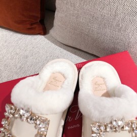 Roger Vivier Winter Soft Plaid Plush Slippers For Women White
