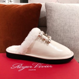 Roger Vivier Winter Soft Plaid Plush Slippers For Women White