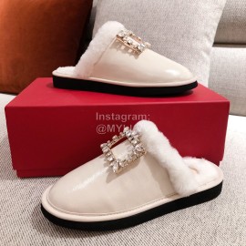 Roger Vivier Winter Soft Plaid Plush Slippers For Women White