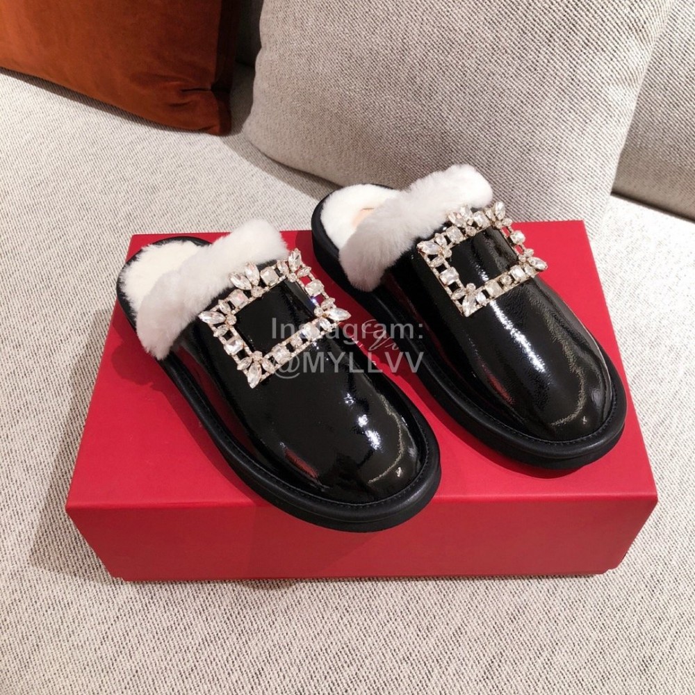 Roger Vivier Winter Soft Plaid Plush Slippers For Women Black