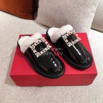 Roger Vivier Winter Soft Plaid Plush Slippers For Women Black