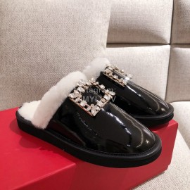 Roger Vivier Winter Soft Plaid Plush Slippers For Women Black