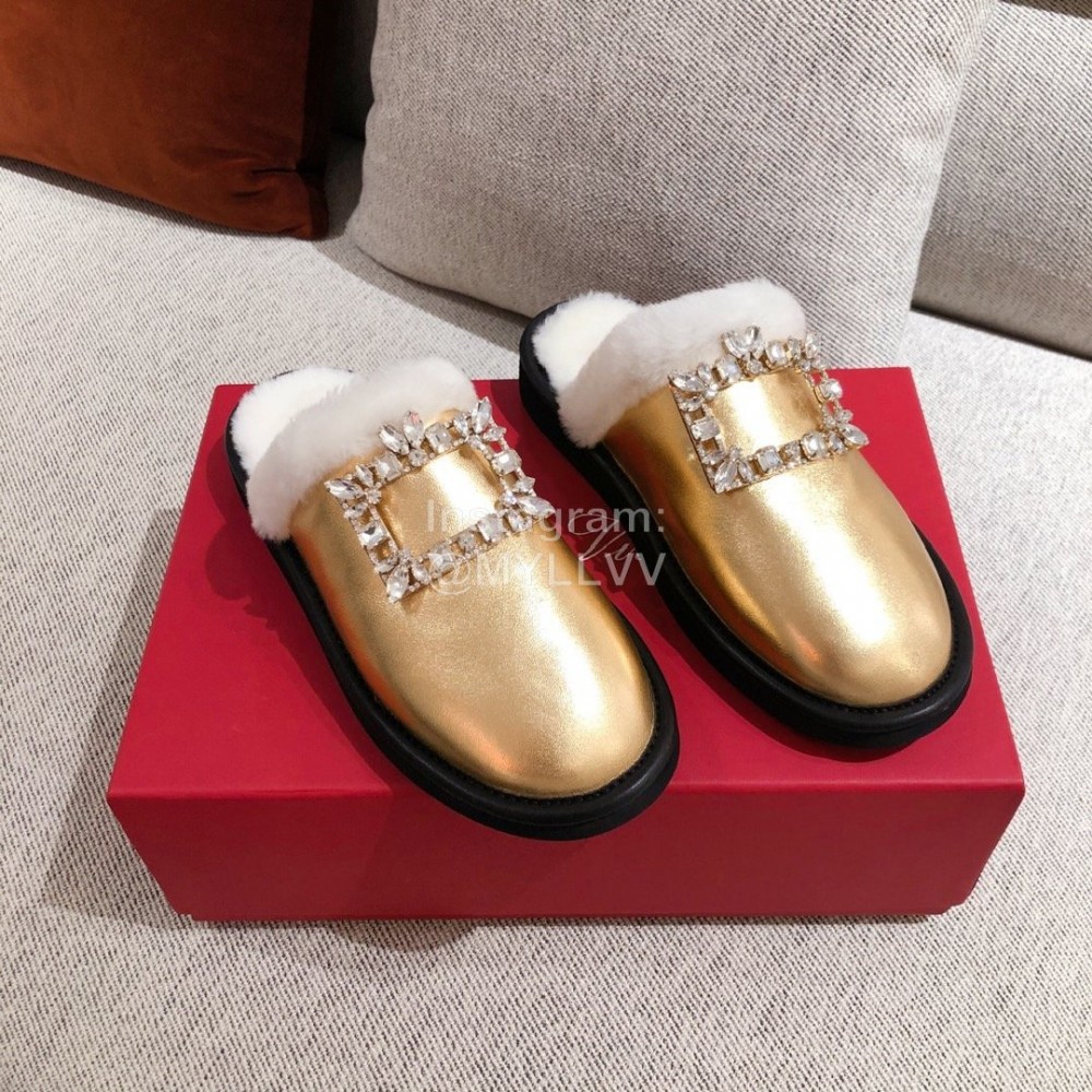 Roger Vivier Winter Soft Plaid Plush Slippers For Women Gold