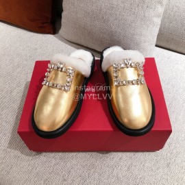 Roger Vivier Winter Soft Plaid Plush Slippers For Women Gold
