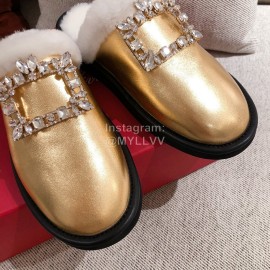 Roger Vivier Winter Soft Plaid Plush Slippers For Women Gold