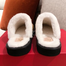 Roger Vivier Winter Soft Plaid Plush Slippers For Women Gold