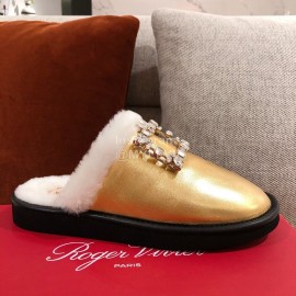 Roger Vivier Winter Soft Plaid Plush Slippers For Women Gold