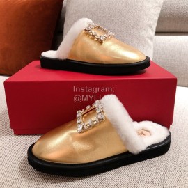 Roger Vivier Winter Soft Plaid Plush Slippers For Women Gold