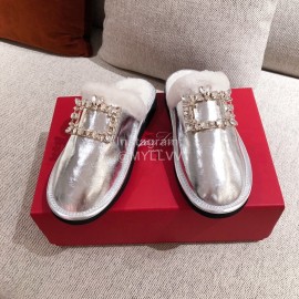 Roger Vivier Winter Soft Plaid Plush Slippers For Women Silver
