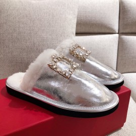 Roger Vivier Winter Soft Plaid Plush Slippers For Women Silver