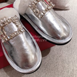 Roger Vivier Winter Soft Plaid Plush Slippers For Women Silver