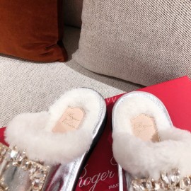 Roger Vivier Winter Soft Plaid Plush Slippers For Women Silver