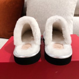 Roger Vivier Winter Soft Plaid Plush Slippers For Women Silver
