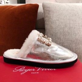 Roger Vivier Winter Soft Plaid Plush Slippers For Women Silver
