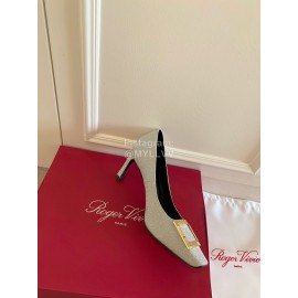 Roger Vivier Classic Square Head Sheepskin High Heels For Women Silver