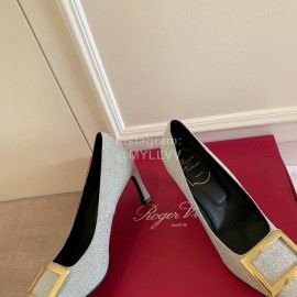 Roger Vivier Classic Square Head Sheepskin High Heels For Women Silver