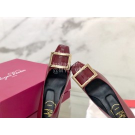 Roger Vivier Classic Square Button Patent Sheepskin High Heels Wine Red