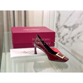 Roger Vivier Classic Square Button Patent Sheepskin High Heels Wine Red