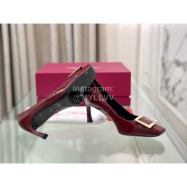 Roger Vivier Classic Square Button Patent Sheepskin High Heels Wine Red