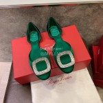Roger Vivier Fashion Diamond Button Silk Flat Heel Shoes For Women Green