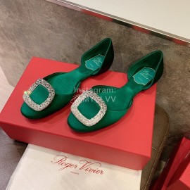 Roger Vivier Fashion Diamond Button Silk Flat Heel Shoes For Women Green
