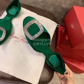 Roger Vivier Fashion Diamond Button Silk Flat Heel Shoes For Women Green