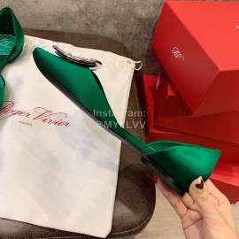 Roger Vivier Fashion Diamond Button Silk Flat Heel Shoes For Women Green