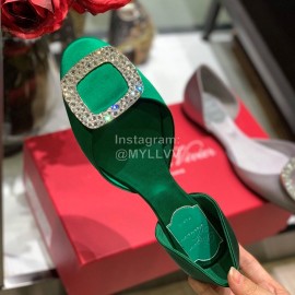 Roger Vivier Fashion Diamond Button Silk Flat Heel Shoes For Women Green