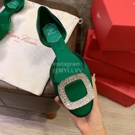 Roger Vivier Fashion Diamond Button Silk Flat Heel Shoes For Women Green