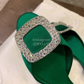 Roger Vivier Fashion Diamond Button Silk Flat Heel Shoes For Women Green