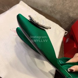Roger Vivier Fashion Diamond Button Silk Flat Heel Shoes For Women Green