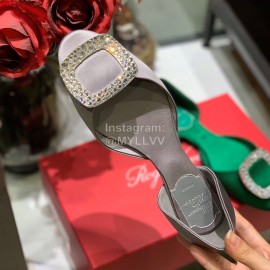Roger Vivier Fashion Diamond Button Silk Flat Heel Shoes For Women Gray